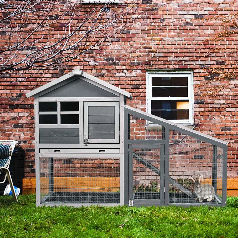58" Large Wooden Rabbit Hutch Chicken Coop, Weatherproof Indoor Outdoor Bunny Cage with Removable Tray, Ventilation Door & Ramp for Small Animals