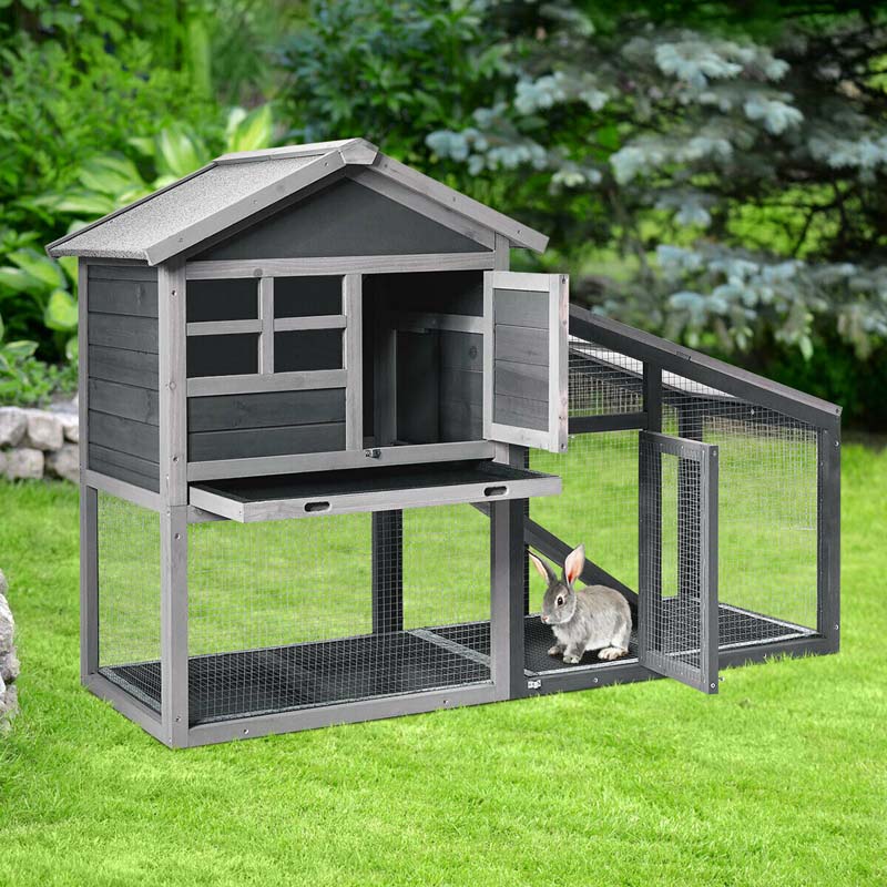58" Large Wooden Rabbit Hutch Chicken Coop, Weatherproof Indoor Outdoor Bunny Cage with Removable Tray, Ventilation Door & Ramp for Small Animals