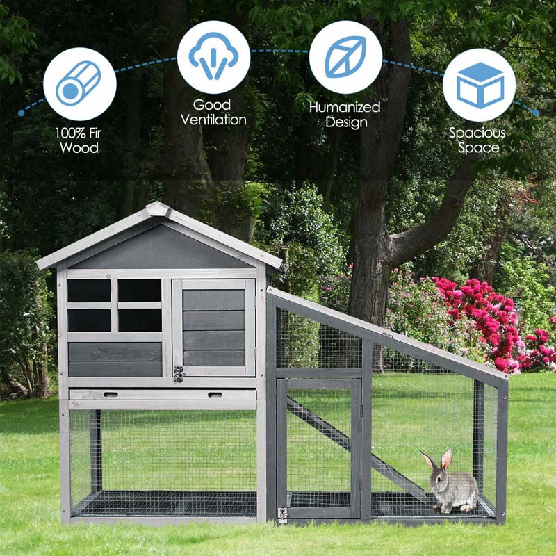 58" Large Wooden Rabbit Hutch Chicken Coop, Weatherproof Indoor Outdoor Bunny Cage with Removable Tray, Ventilation Door & Ramp for Small Animals