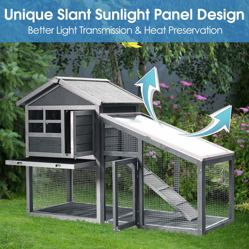 58" Large Wooden Rabbit Hutch Chicken Coop, Weatherproof Indoor Outdoor Bunny Cage with Removable Tray, Ventilation Door & Ramp for Small Animals
