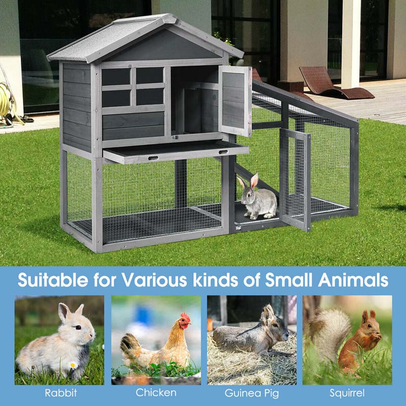 58" Large Wooden Rabbit Hutch Chicken Coop, Weatherproof Indoor Outdoor Bunny Cage with Removable Tray, Ventilation Door & Ramp for Small Animals