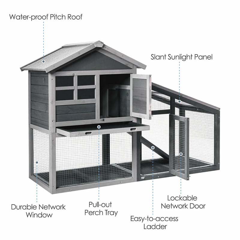 58" Large Wooden Rabbit Hutch Chicken Coop, Weatherproof Indoor Outdoor Bunny Cage with Removable Tray, Ventilation Door & Ramp for Small Animals