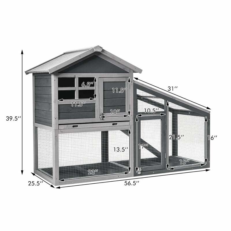 58" Large Wooden Rabbit Hutch Chicken Coop, Weatherproof Indoor Outdoor Bunny Cage with Removable Tray, Ventilation Door & Ramp for Small Animals