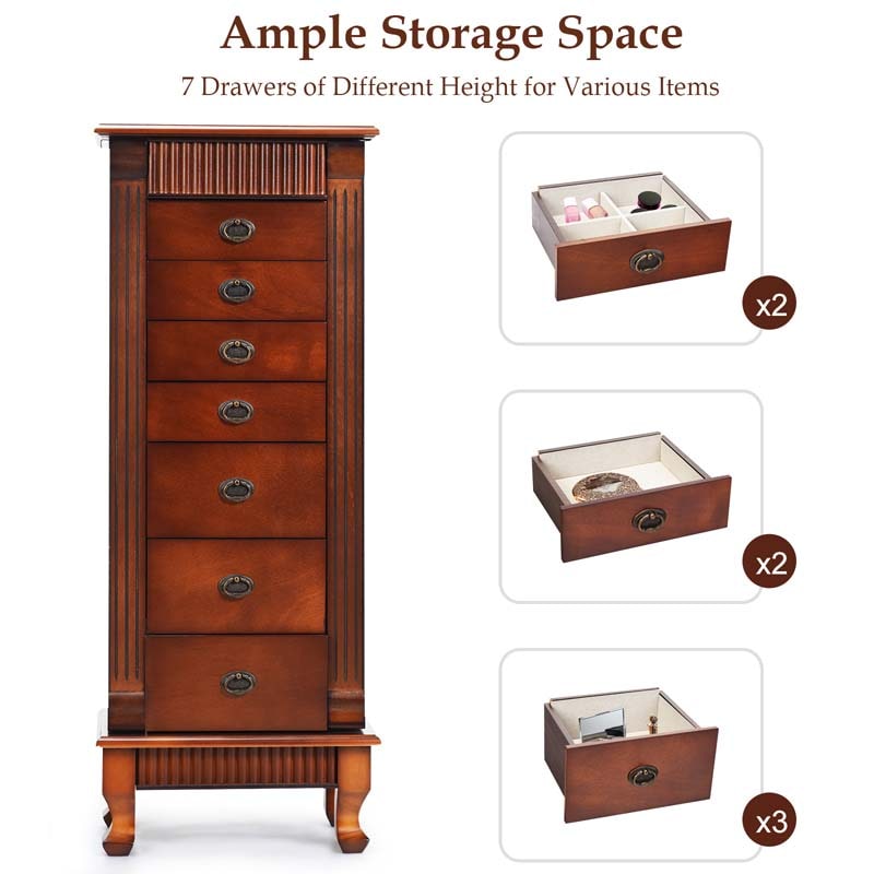 Walnut Large Wooden Standing Jewelry Armoire Cabinet Storage Chest with 7 Drawers, 2 Side Doors, 12 Hooks, Flip-Up Mirror & Top Organizer for Women
