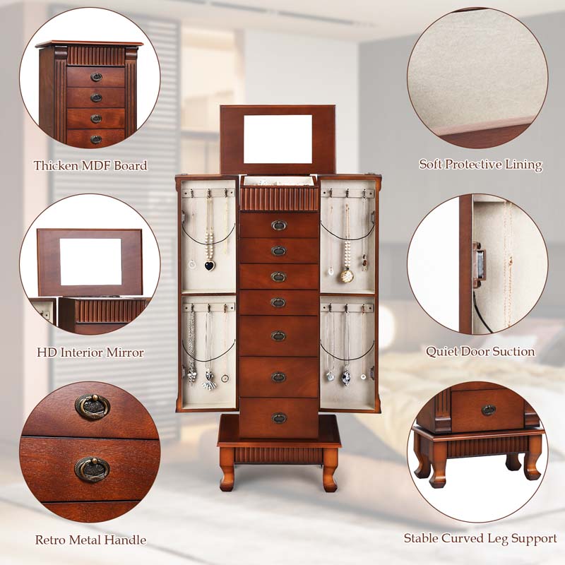 Walnut Large Wooden Standing Jewelry Armoire Cabinet Storage Chest with 7 Drawers, 2 Side Doors, 12 Hooks, Flip-Up Mirror & Top Organizer for Women