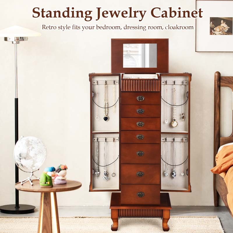 Walnut Large Wooden Standing Jewelry Armoire Cabinet Storage Chest with 7 Drawers, 2 Side Doors, 12 Hooks, Flip-Up Mirror & Top Organizer for Women