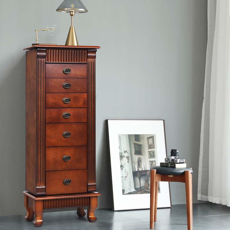 Walnut Large Wooden Standing Jewelry Armoire Cabinet Storage Chest with 7 Drawers, 2 Side Doors, 12 Hooks, Flip-Up Mirror & Top Organizer for Women