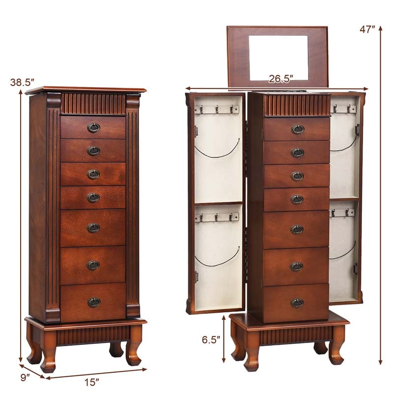 Walnut Large Wooden Standing Jewelry Armoire Cabinet Storage Chest with 7 Drawers, 2 Side Doors, 12 Hooks, Flip-Up Mirror & Top Organizer for Women