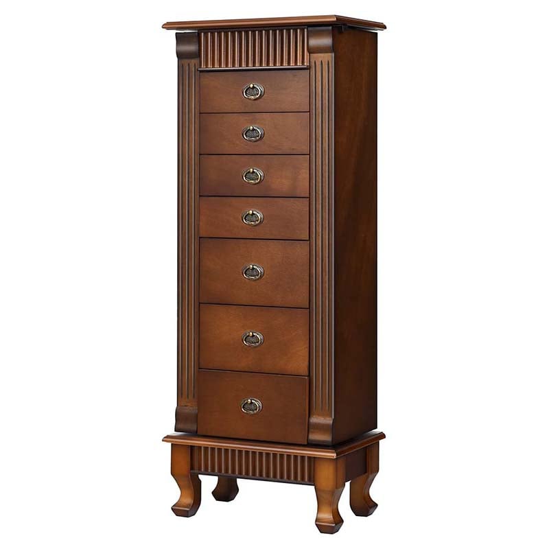 Walnut Large Wooden Standing Jewelry Armoire Cabinet Storage Chest with 7 Drawers, 2 Side Doors, 12 Hooks, Flip-Up Mirror & Top Organizer for Women