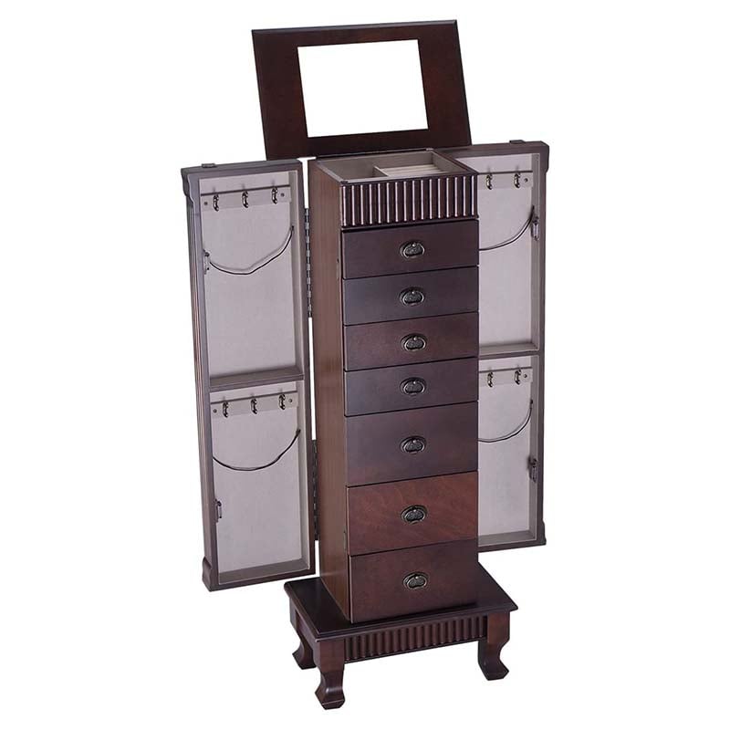 Walnut Large Wooden Standing Jewelry Armoire Cabinet Storage Chest with 7 Drawers, 2 Side Doors, 12 Hooks, Flip-Up Mirror & Top Organizer for Women