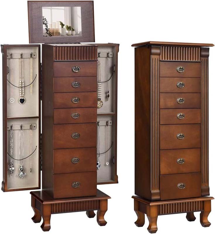 Walnut Large Wooden Standing Jewelry Armoire Cabinet Storage Chest with 7 Drawers, 2 Side Doors, 12 Hooks, Flip-Up Mirror & Top Organizer for Women