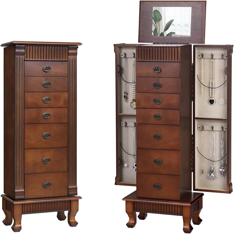 Walnut Large Wooden Standing Jewelry Armoire Cabinet Storage Chest with 7 Drawers, 2 Side Doors, 12 Hooks, Flip-Up Mirror & Top Organizer for Women