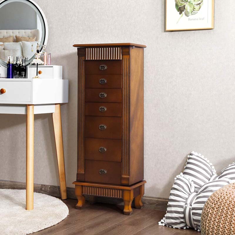 Walnut Large Wooden Standing Jewelry Armoire Cabinet Storage Chest with 7 Drawers, 2 Side Doors, 12 Hooks, Flip-Up Mirror & Top Organizer for Women