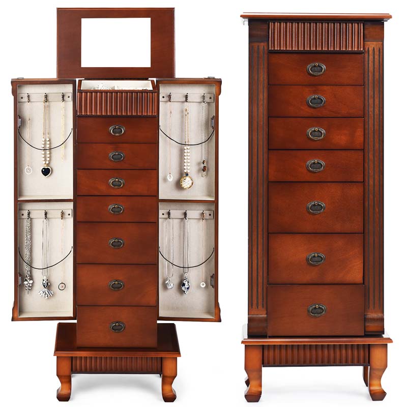 Walnut Large Wooden Standing Jewelry Armoire Cabinet Storage Chest with 7 Drawers, 2 Side Doors, 12 Hooks, Flip-Up Mirror & Top Organizer for Women