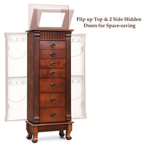 Large Capacity Standing Jewelry Armoire Cabinet Storage Chest with 7 Drawers, 2 Swing Doors & Makeup Mirror
