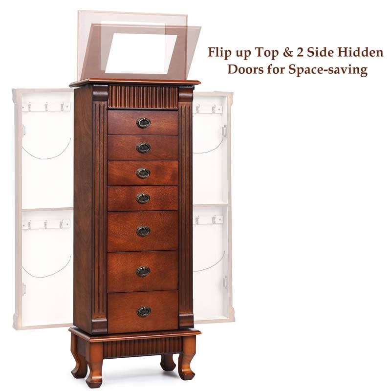 Walnut Large Wooden Standing Jewelry Armoire Cabinet Storage Chest with 7 Drawers, 2 Side Doors, 12 Hooks, Flip-Up Mirror & Top Organizer for Women