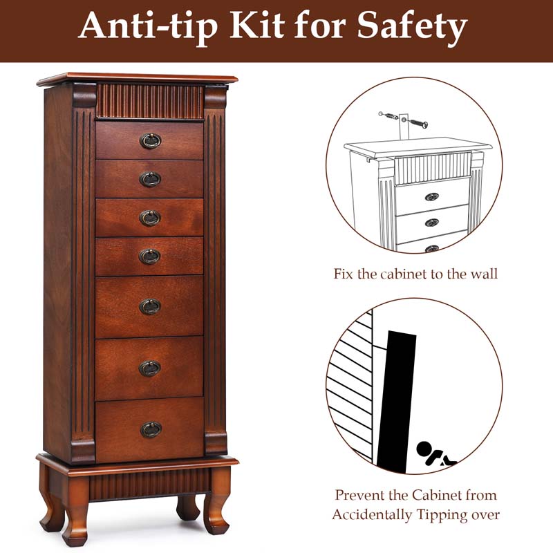 Walnut Large Wooden Standing Jewelry Armoire Cabinet Storage Chest with 7 Drawers, 2 Side Doors, 12 Hooks, Flip-Up Mirror & Top Organizer for Women