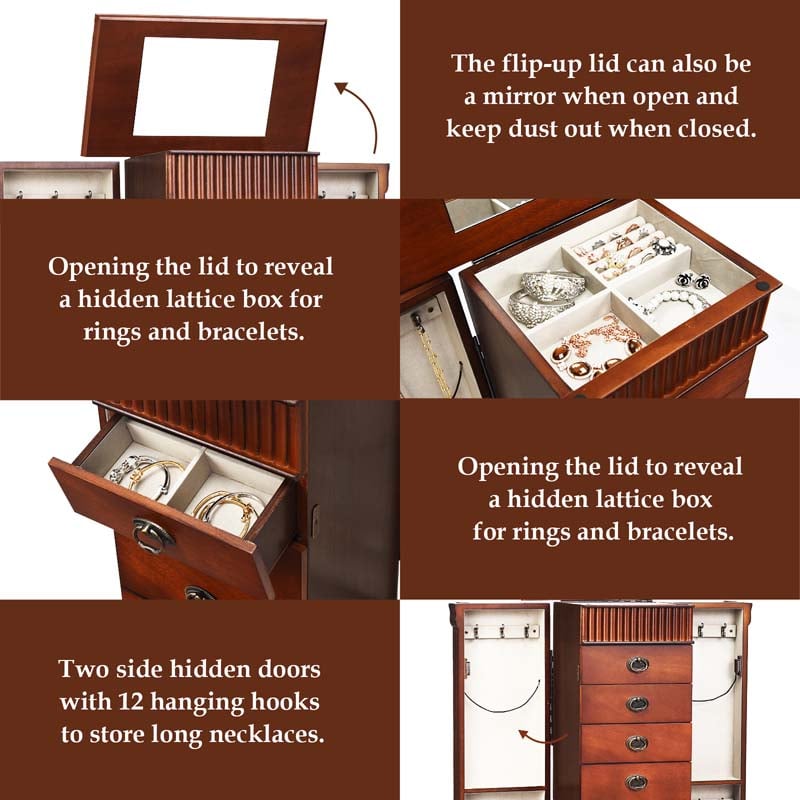 Walnut Large Wooden Standing Jewelry Armoire Cabinet Storage Chest with 7 Drawers, 2 Side Doors, 12 Hooks, Flip-Up Mirror & Top Organizer for Women