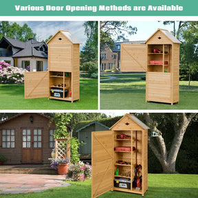 63" Wood Outdoor Storage Shed Lockable Garden Tools Storage Cabinet with 5 Shelves, Galvanized Sheet Roof