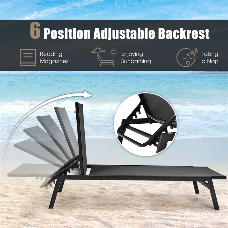 Patio Fabric Chaise Lounge Chair, 6-Position Backrest Adjustable Outdoor Sun Lounger for Pool Patio Deck Lawn