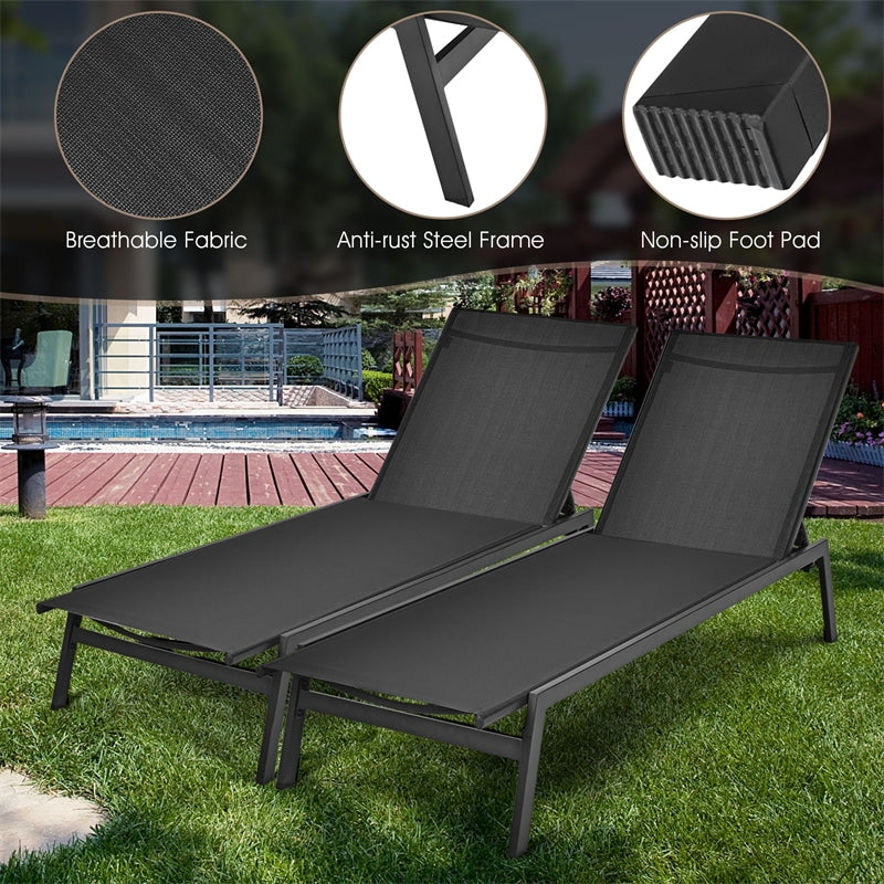 Patio Fabric Chaise Lounge Chair, 6-Position Backrest Adjustable Outdoor Sun Lounger for Pool Patio Deck Lawn