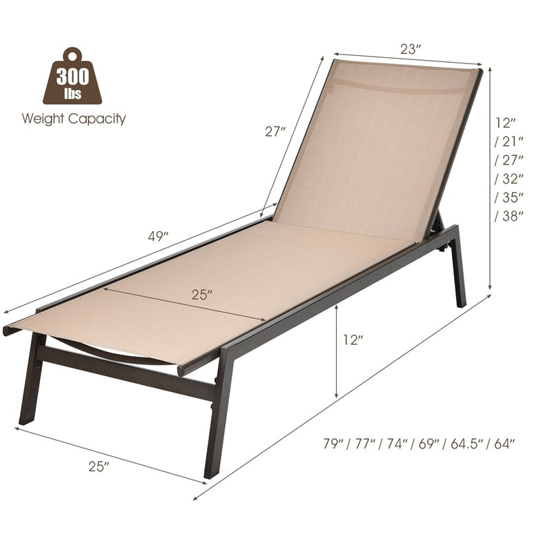 Patio Fabric Chaise Lounge Chair, 6-Position Backrest Adjustable Outdoor Sun Lounger for Pool Patio Deck Lawn