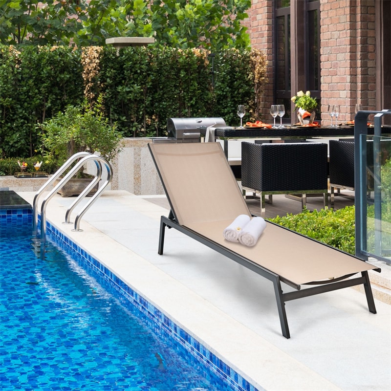 Patio Fabric Chaise Lounge Chair, 6-Position Backrest Adjustable Outdoor Sun Lounger for Pool Patio Deck Lawn