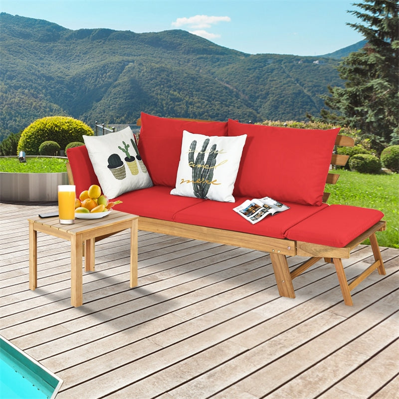 Acacia Wood Patio Daybed Convertible Couch Sofa Bed, Outdoor Folding Chaise Lounge Bench with Adjustable Armrest