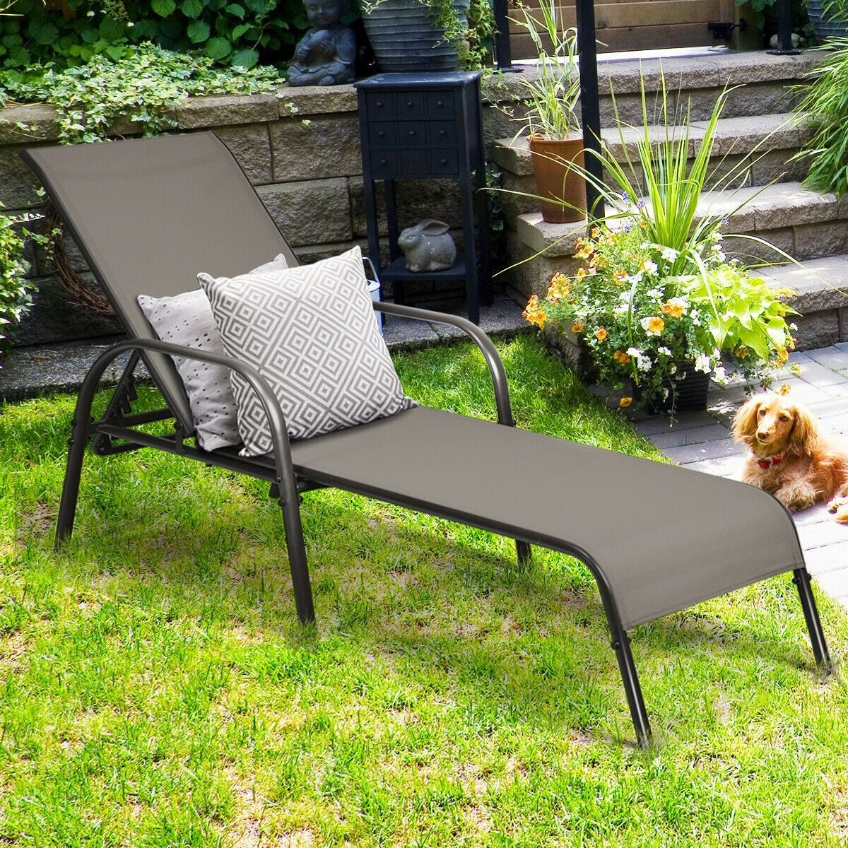 Outdoor Folding Chaise Lounge Chair with 5-Position Adjustable Backrest, Lightweight Fabric Sunbathing Chair Sun Lounger for Poolside Patio
