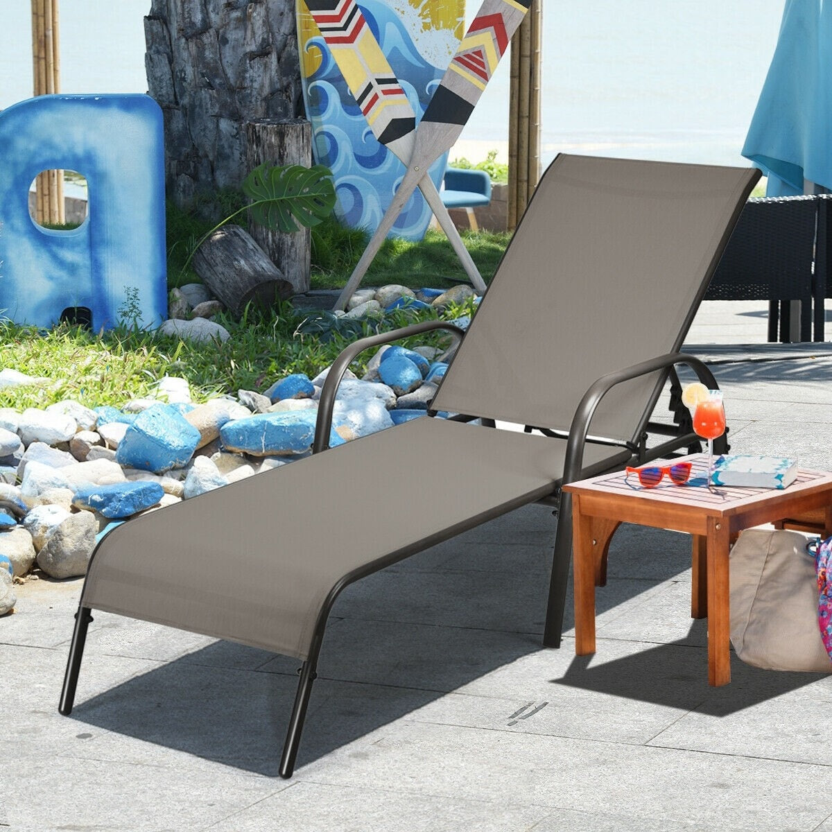 Outdoor Folding Chaise Lounge Chair with 5-Position Adjustable Backrest, Lightweight Fabric Sunbathing Chair Sun Lounger for Poolside Patio