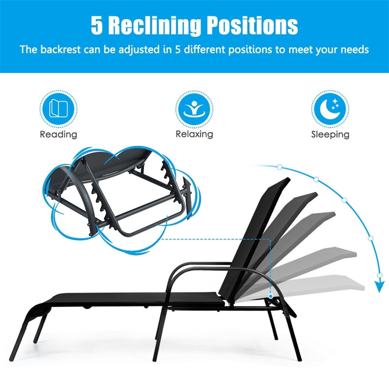 Outdoor Folding Chaise Lounge Chair with 5-Position Adjustable Backrest, Lightweight Fabric Sunbathing Chair Sun Lounger for Poolside Patio