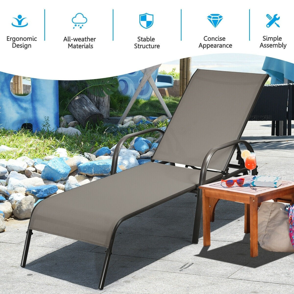 Outdoor Folding Chaise Lounge Chair with 5-Position Adjustable Backrest, Lightweight Fabric Sunbathing Chair Sun Lounger for Poolside Patio