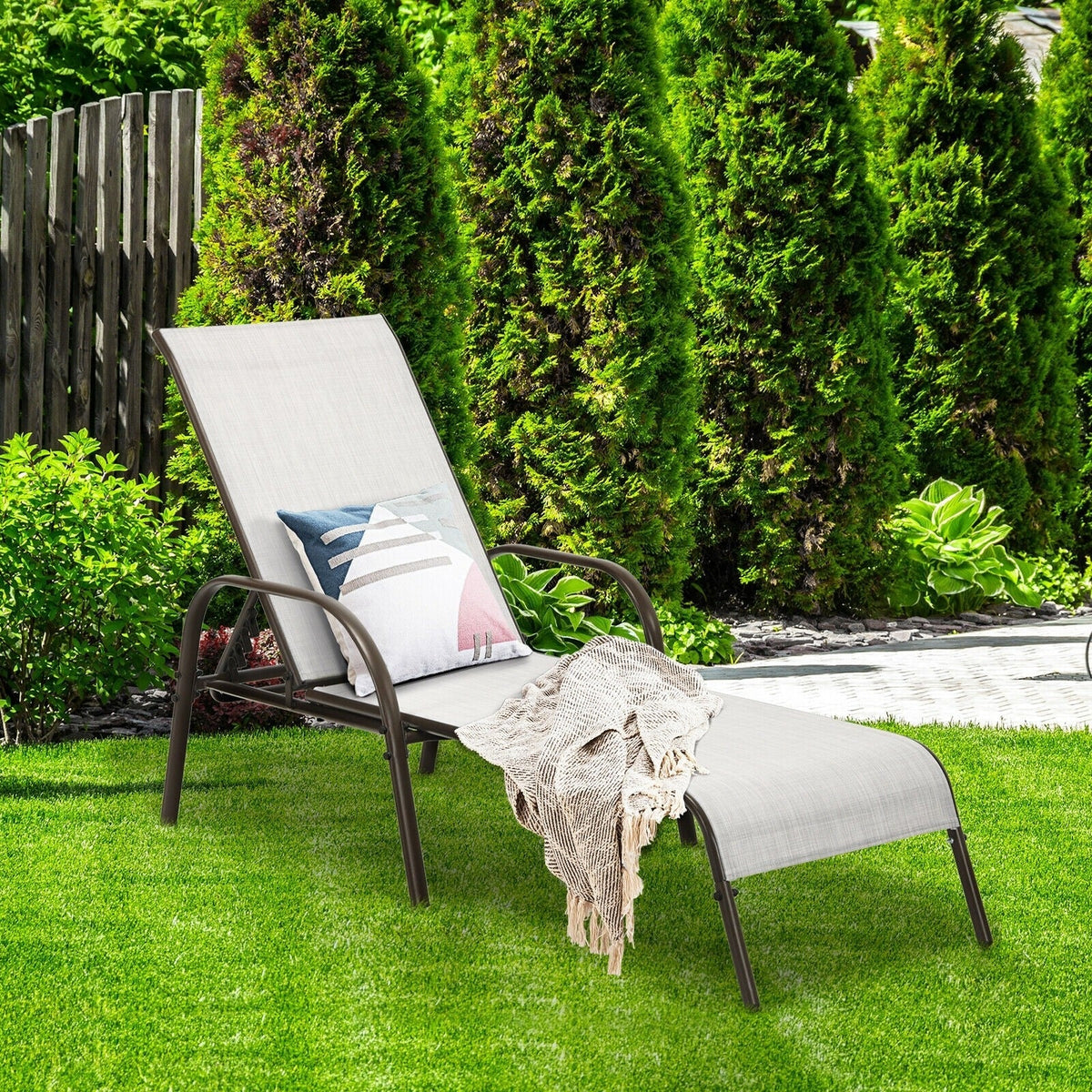 Outdoor Folding Chaise Lounge Chair with 5-Position Adjustable Backrest, Lightweight Fabric Sunbathing Chair Sun Lounger for Poolside Patio