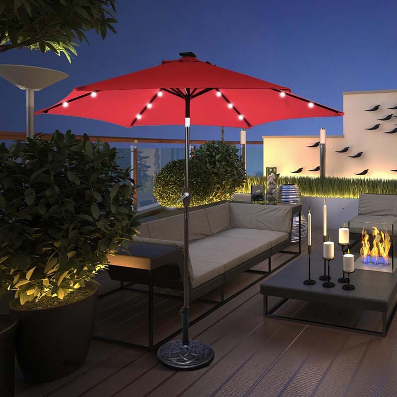 9FT Tilt Outdoor Patio Umbrella with 18 Solar LED Lights & Crank, Table Umbrella for Pool Deck Backyard
