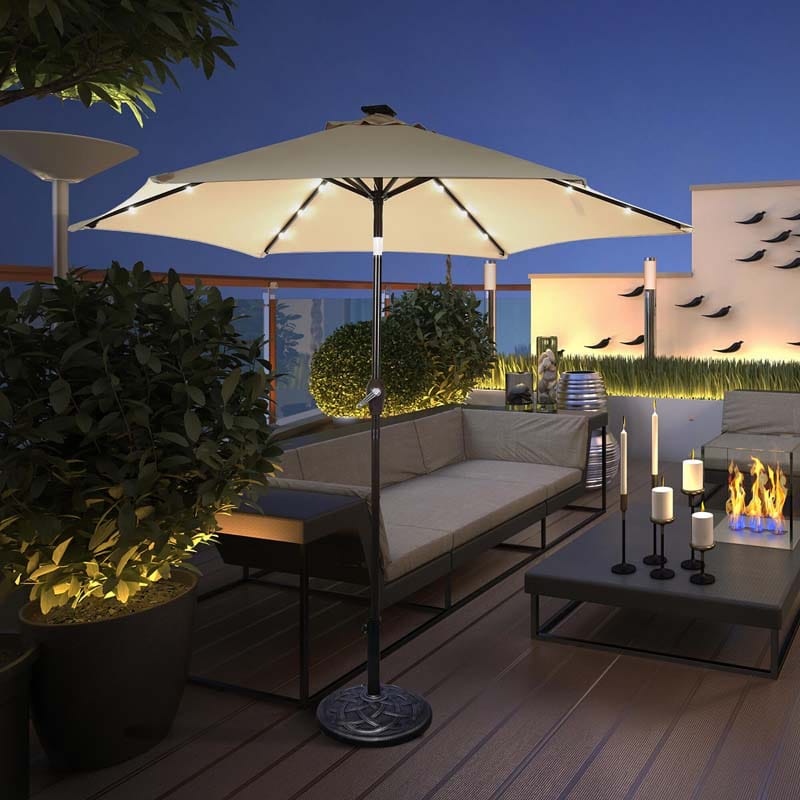 9FT Tilt Outdoor Patio Umbrella with 18 Solar LED Lights & Crank, Table Umbrella for Pool Deck Backyard