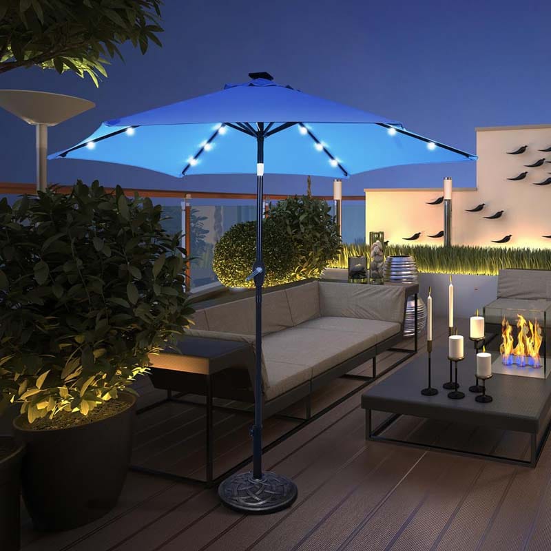 9FT Tilt Outdoor Patio Umbrella with 18 Solar LED Lights & Crank, Table Umbrella for Pool Deck Backyard