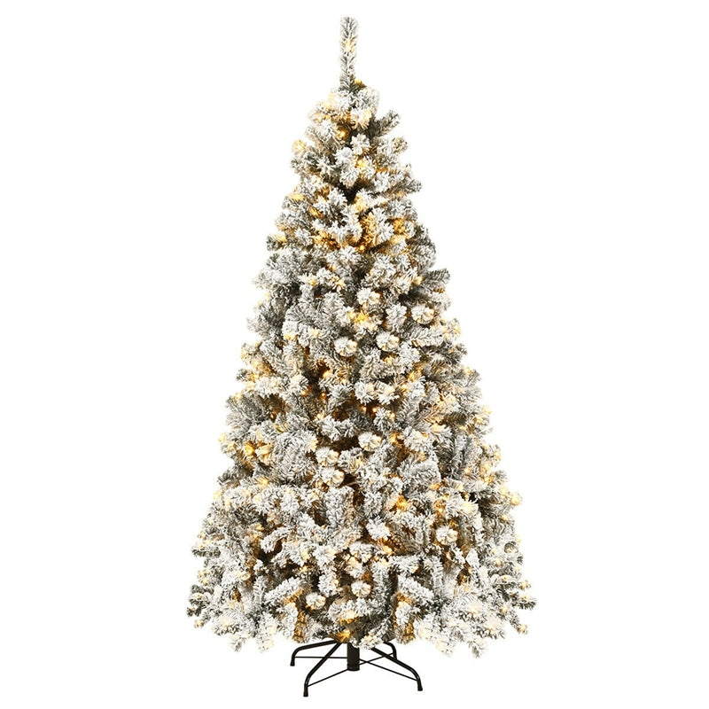 Premium Pre-Lit Snow Flocked Artificial Christmas Tree with Hinged Branch Tips & LED Lights