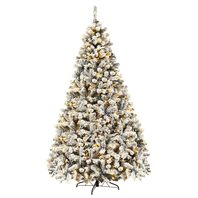 Premium Pre-Lit Snow Flocked Artificial Christmas Tree with Hinged Branch Tips & LED Lights