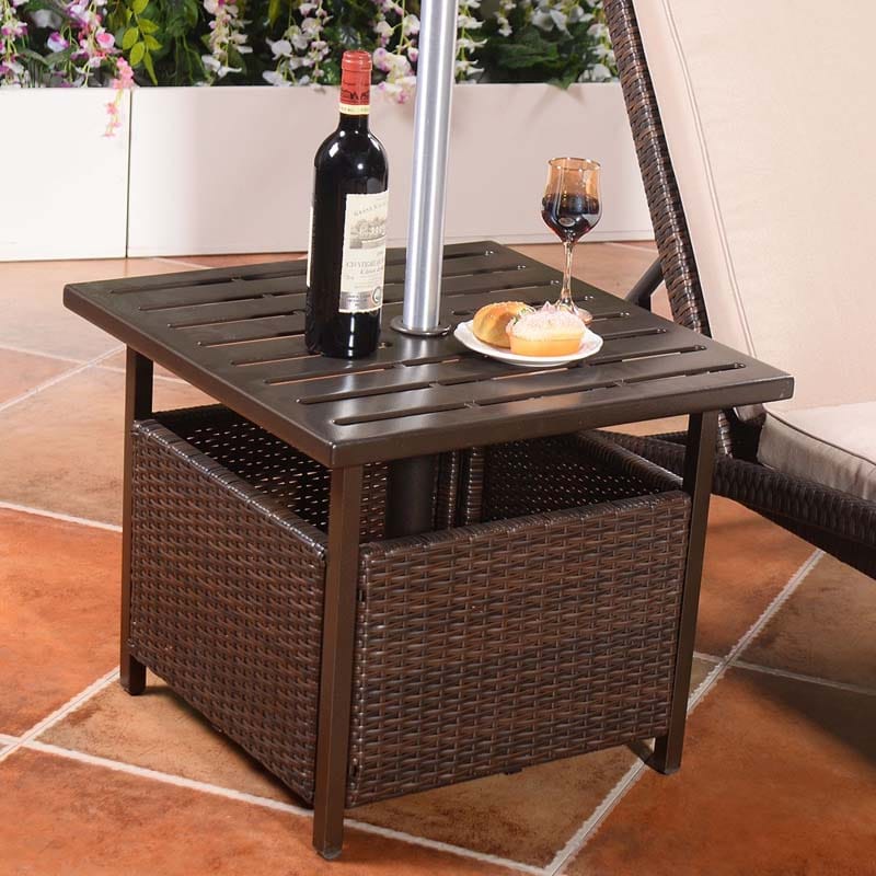 22" Rattan Wicker Steel Outdoor Patio Bistro Side Table Stand with 1.6" Umbrella Hole, Side Square Table for Deck Pool Garden