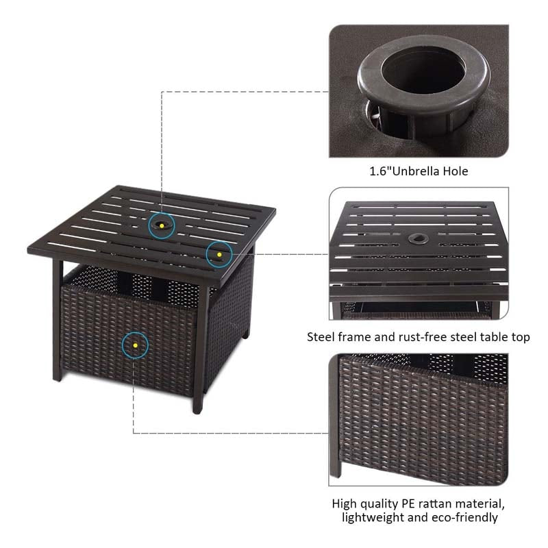 22" Rattan Wicker Steel Outdoor Patio Bistro Side Table Stand with 1.6" Umbrella Hole, Side Square Table for Deck Pool Garden