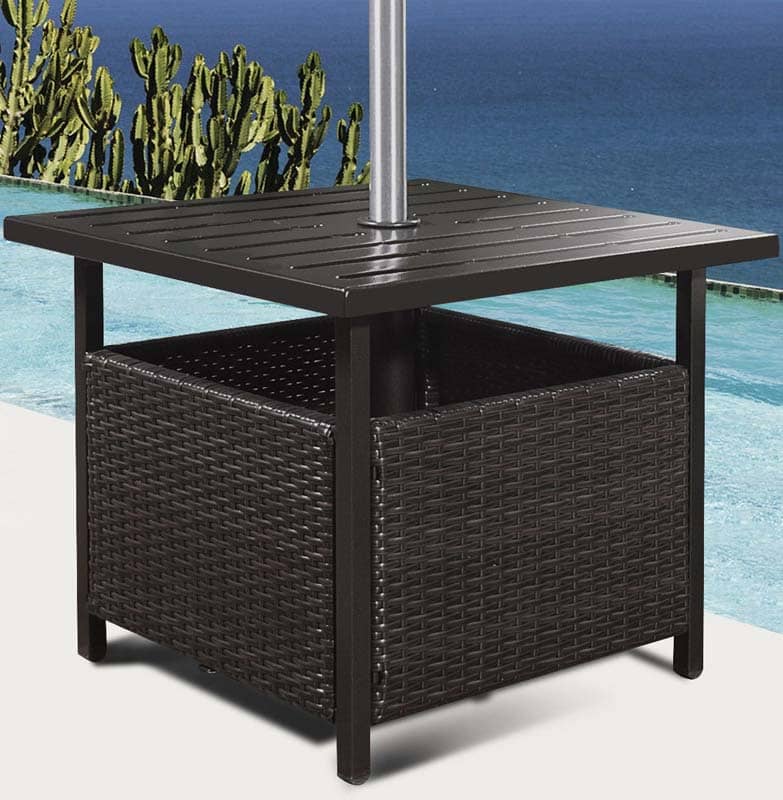 22" Rattan Wicker Steel Outdoor Patio Bistro Side Table Stand with 1.6" Umbrella Hole, Side Square Table for Deck Pool Garden