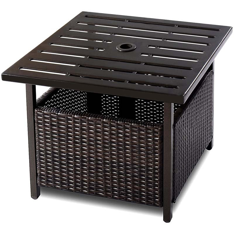 22" Rattan Wicker Steel Outdoor Patio Bistro Side Table Stand with 1.6" Umbrella Hole, Side Square Table for Deck Pool Garden