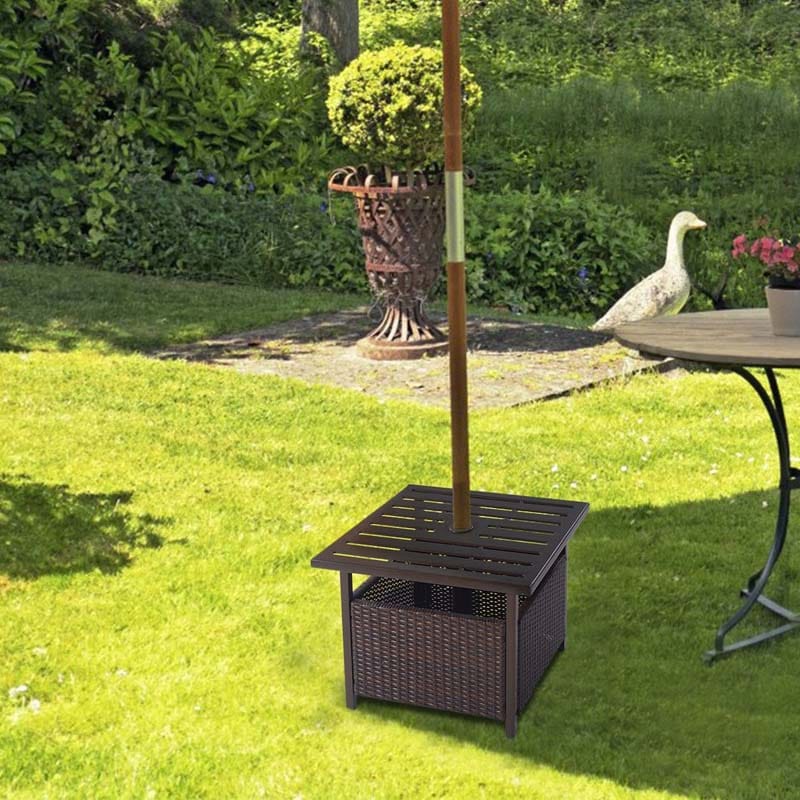 22" Rattan Wicker Steel Outdoor Patio Bistro Side Table Stand with 1.6" Umbrella Hole, Side Square Table for Deck Pool Garden