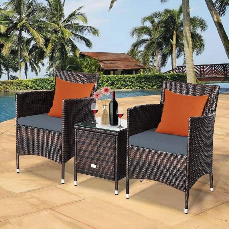 3 Pcs Rattan Patio Conversation Set Wicker Outdoor Furniture Set with Coffee Table & 2 Cushioned Sofa