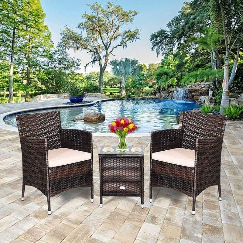 3 Pcs Rattan Patio Conversation Set Wicker Outdoor Furniture Set with Coffee Table & 2 Cushioned Sofa