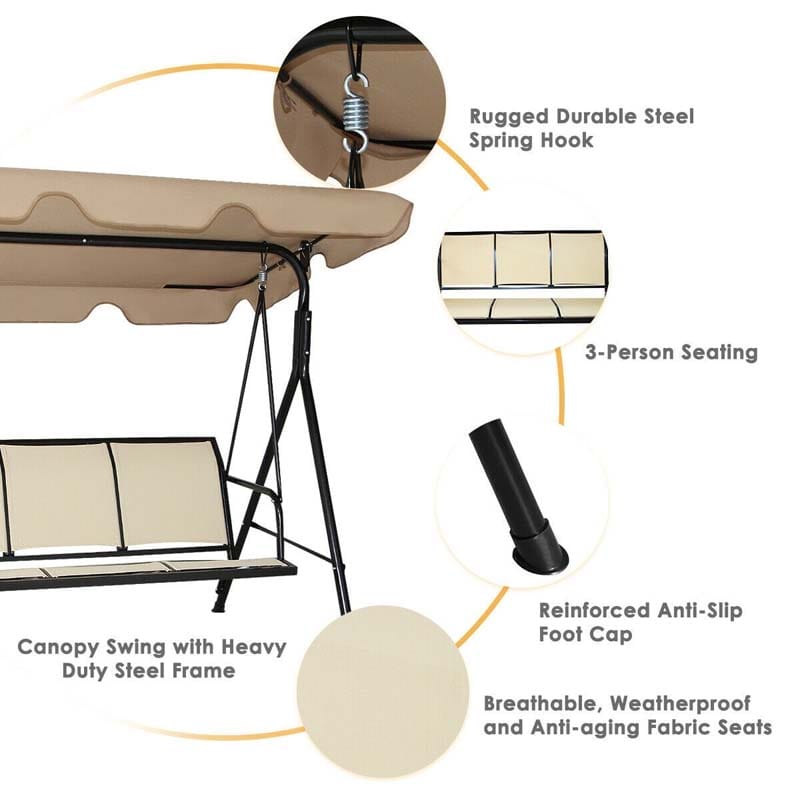 3-Person Patio Porch Swing with Adjustable Canopy, All-Weather Steel Frame Canopy Swing Bench for Garden, Poolside, Balcony