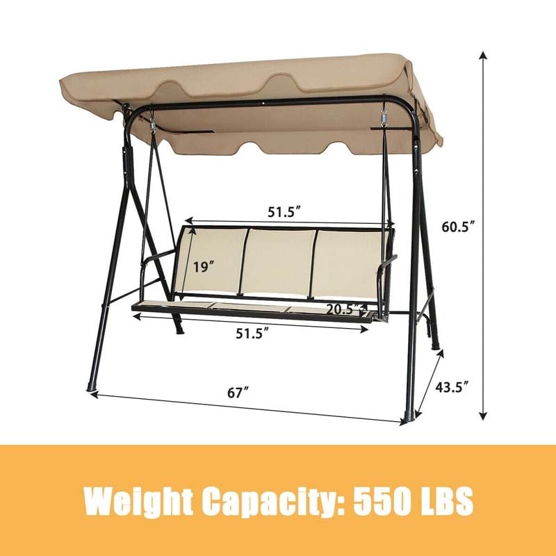 3-Person Patio Porch Swing with Adjustable Canopy, All-Weather Steel Frame Canopy Swing Bench for Garden, Poolside, Balcony