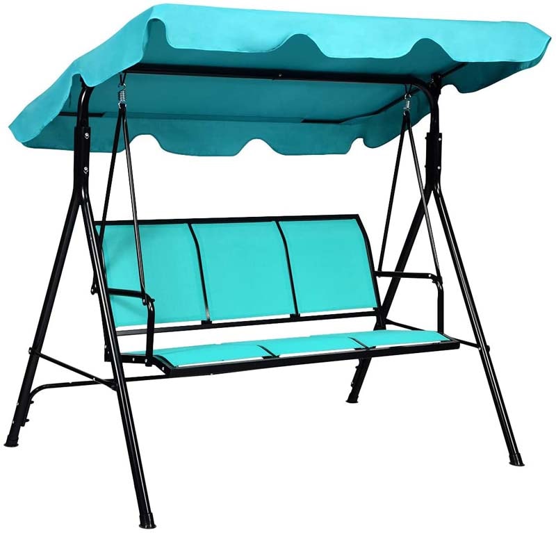 3-Person Patio Porch Swing with Adjustable Canopy, All-Weather Steel Frame Canopy Swing Bench for Garden, Poolside, Balcony