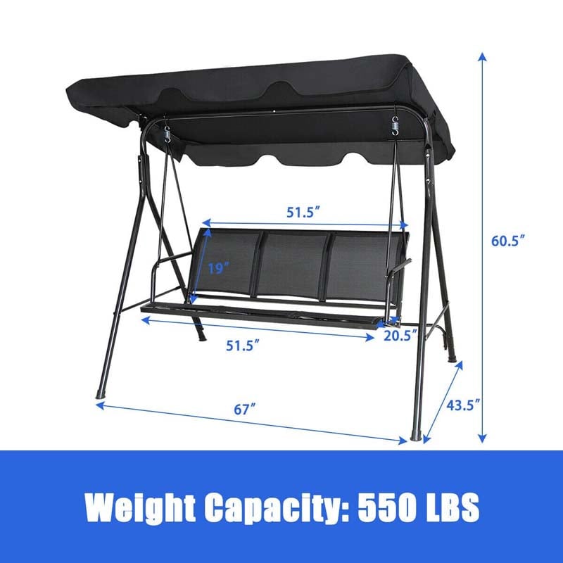 3-Person Patio Porch Swing with Adjustable Canopy, All-Weather Steel Frame Canopy Swing Bench for Garden, Poolside, Balcony