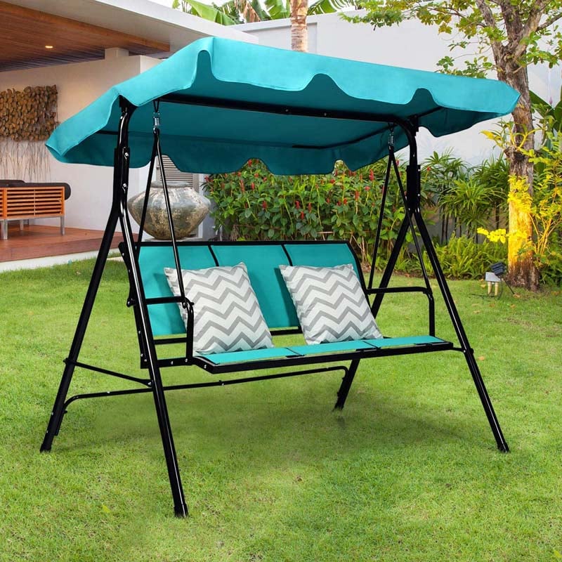 3-Person Patio Porch Swing with Adjustable Canopy, All-Weather Steel Frame Canopy Swing Bench for Garden, Poolside, Balcony